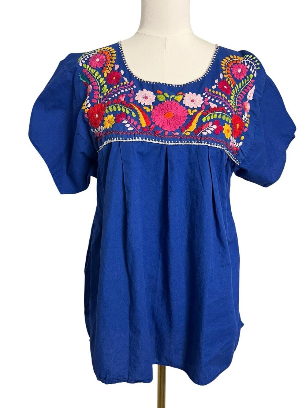 Boho Embroidered Tunic Blouse Womens Blue Floral Peasant Top Festival